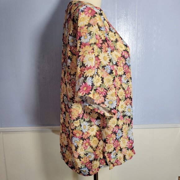 Unbranded 2X Gold Pink Blue Floral Rayon Chiffon Shortsleeve Lightweight Blouse - Picture 6 of 9